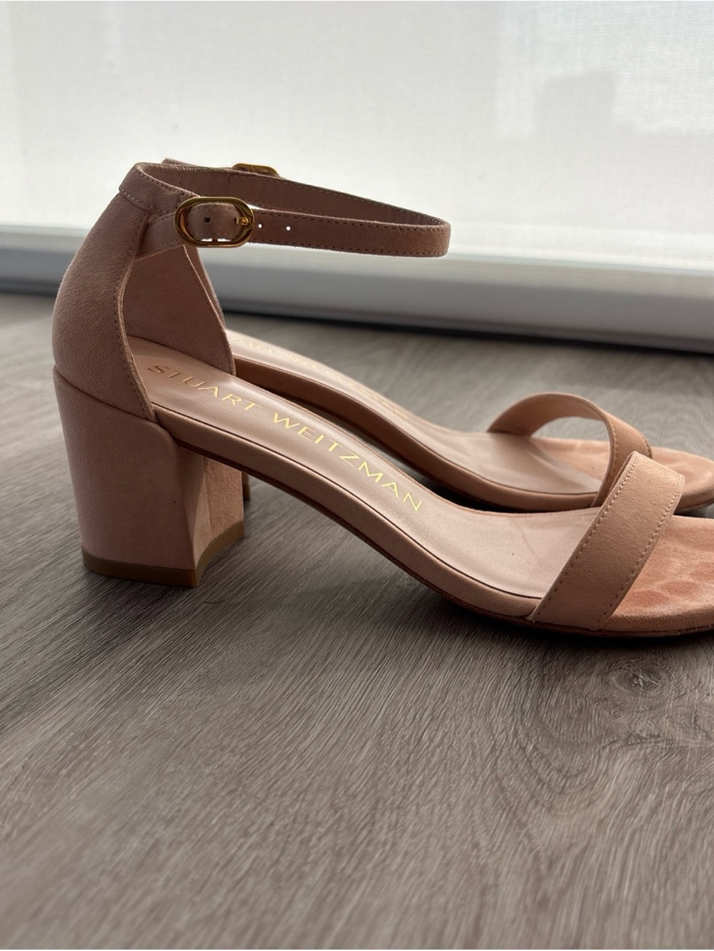 Stuart Weitzman Nude Powder Pink Nudist Block Heel Sandals with Ankle Strap